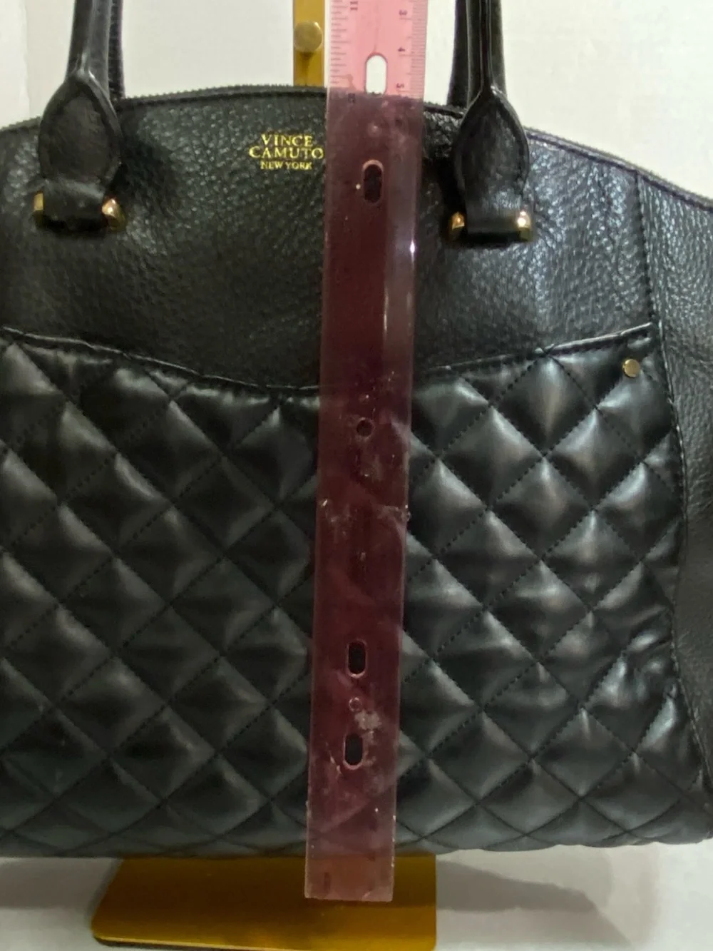 Vince Camuto Quilted Pebbled Leather Tote Black Gold Zip Shopper